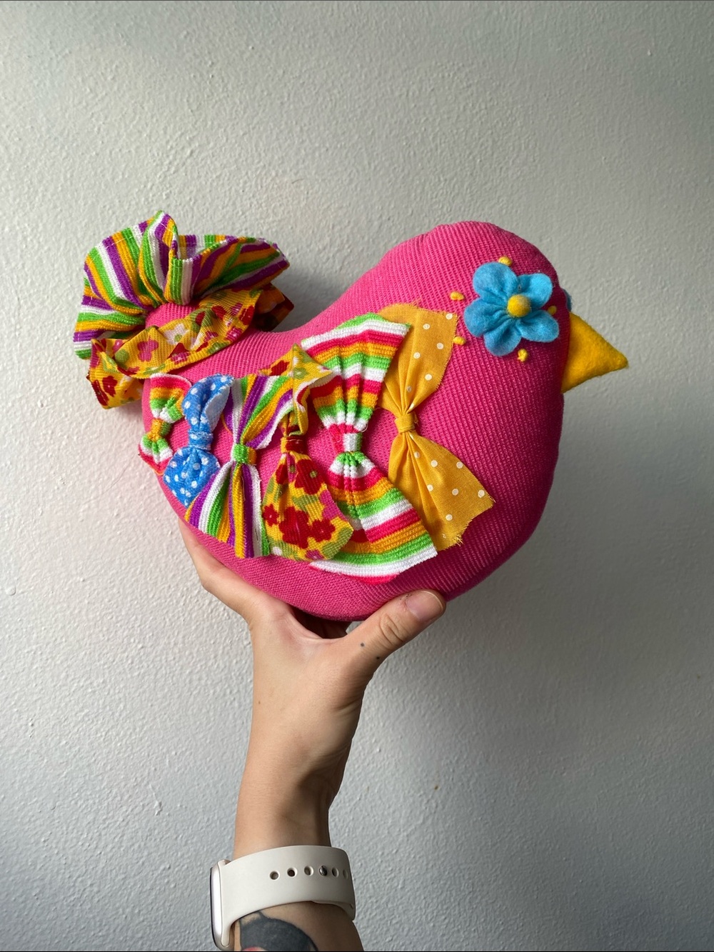 Kitchy Pink Bird Chicken Plush Toy Decor with Colorful Bow Accents